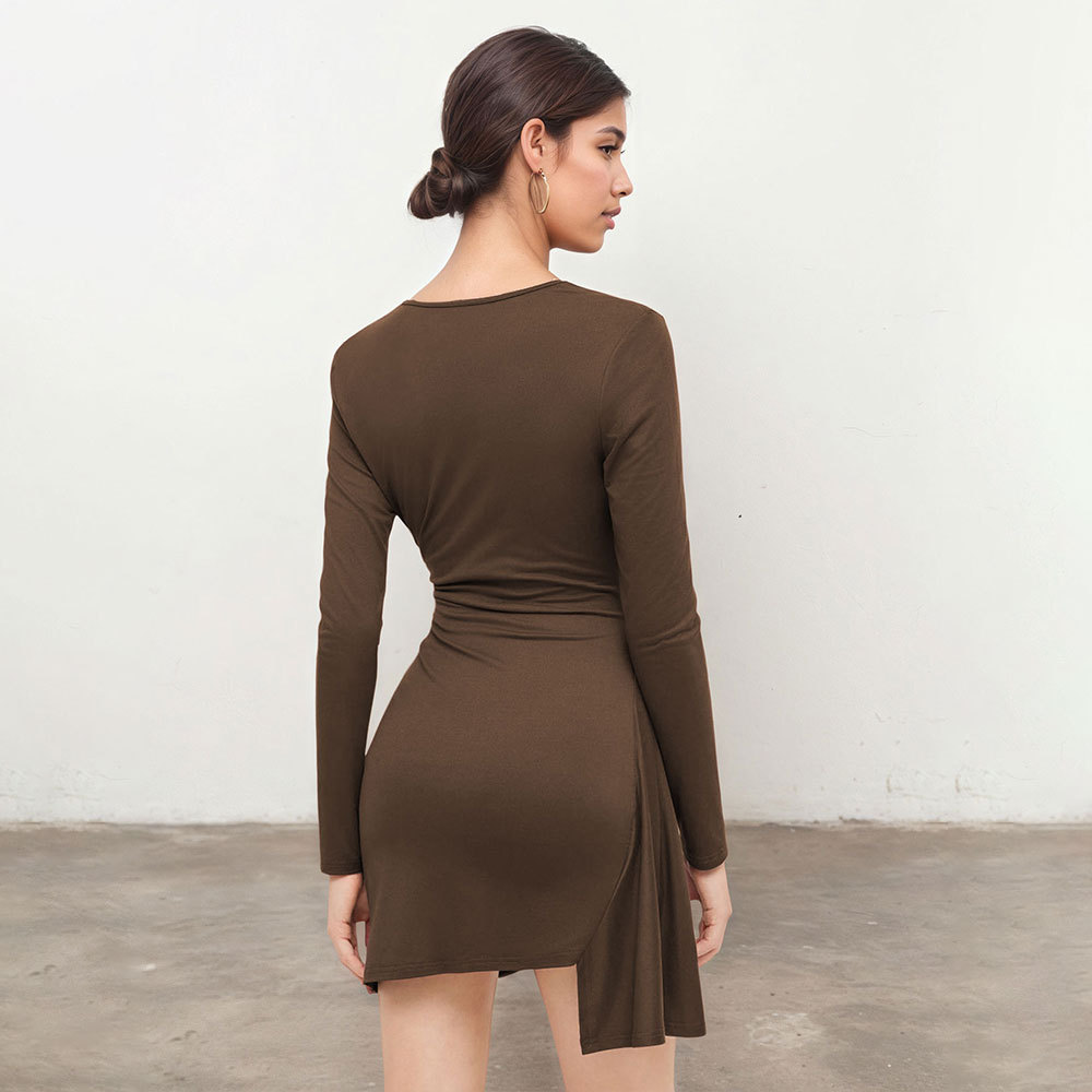 Slim Fit Ruched Dress Deep Brown V Neck Long Sleeve Bodycon Split Hem Autumn Winter Fashion Wholesale Available