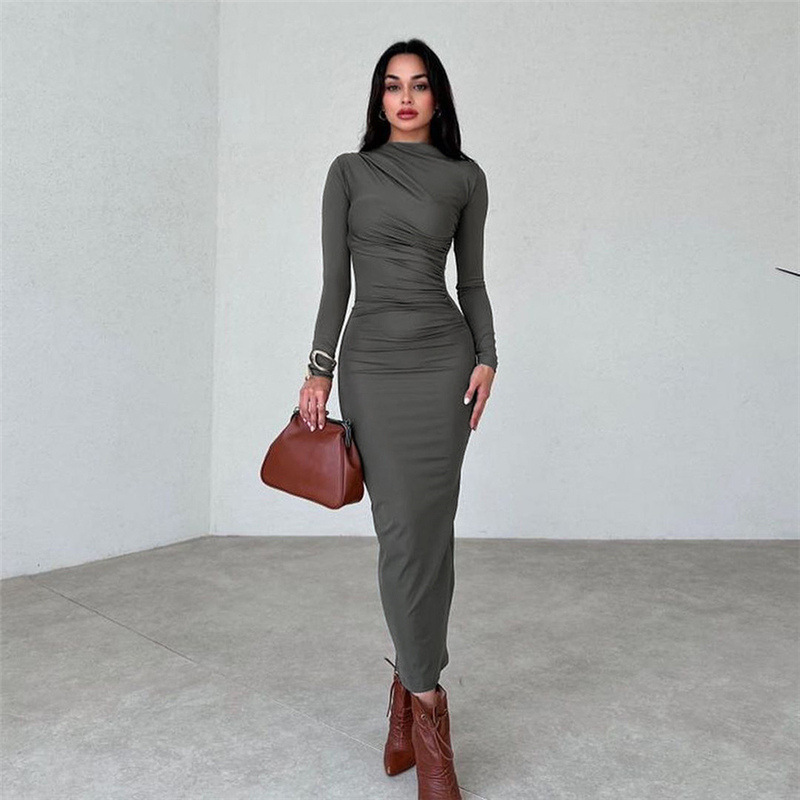 European and American Style Spring Summer New Women's Fashion Round Neck Long Sleeve Slim Fit Solid Color Bodycon Dress
