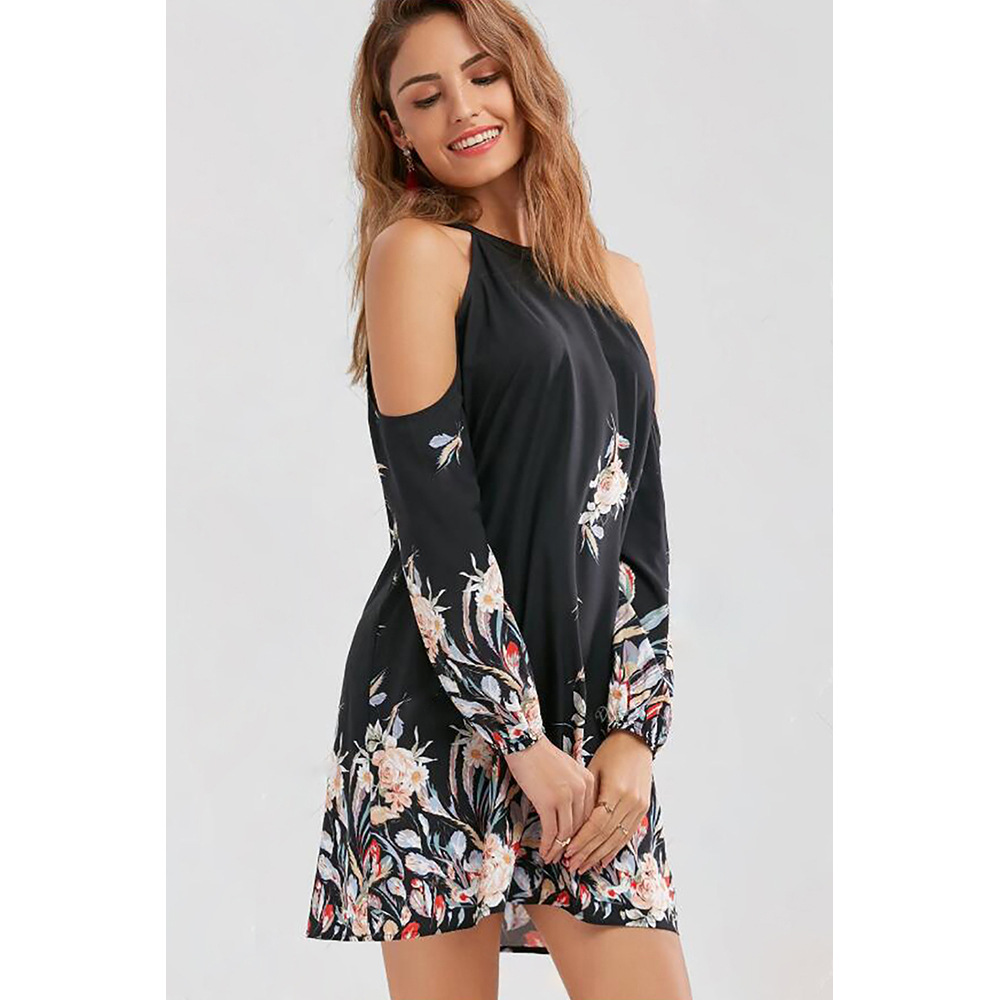 Floral Print Off Shoulder Dress Long Sleeve Loose Fit Plus Size Autumn Fashion for Women Wholesale Available