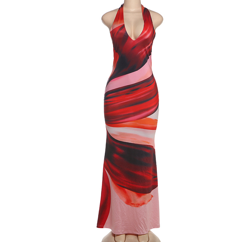 Fashionable Spring Women's Dress with Sexy Halter Neck, Backless Design, Color Block Print, and Bodycon Maxi Length