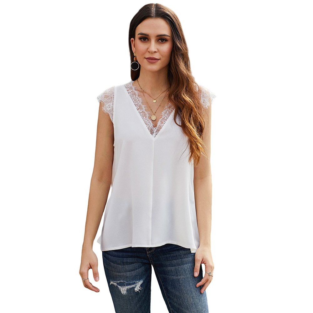 European Style V Neck Short Sleeve Lace Print Reversible Top Loose Fit Solid Color Versatile Wear Wholesale Available