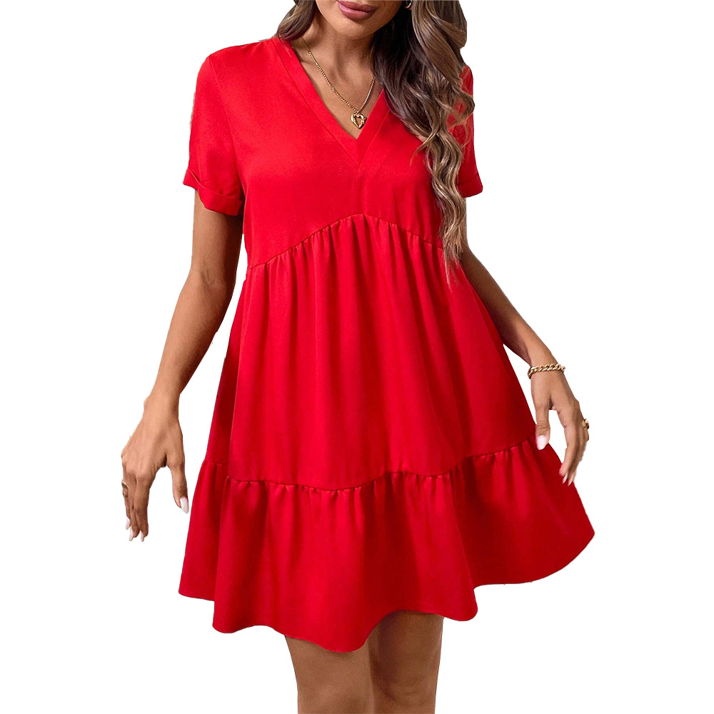 Casual Loose Big Hem Short Sleeve Red Dress with Small V Neck for Vacation