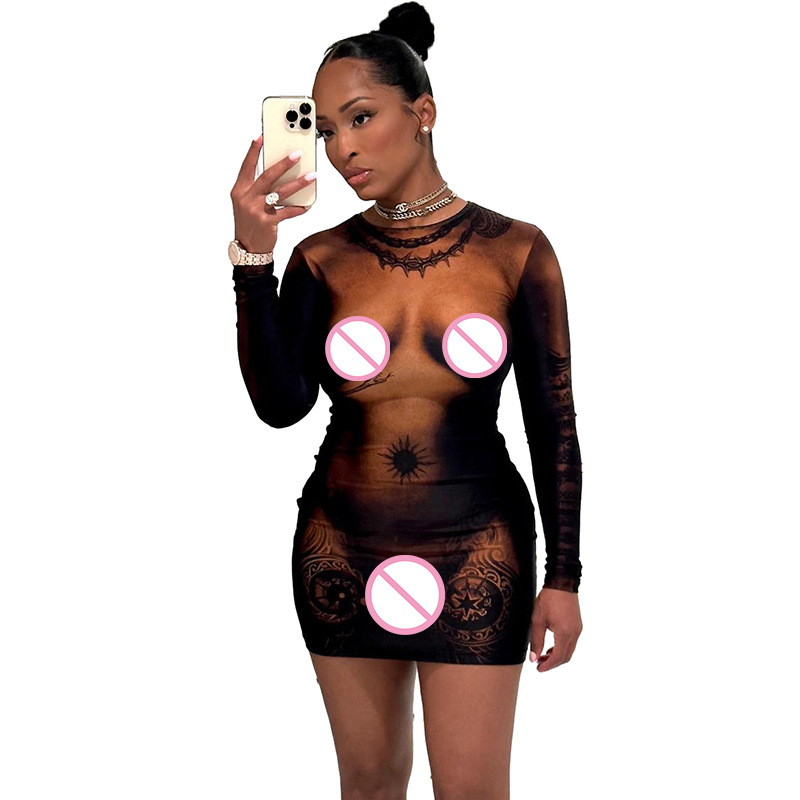 Fashionable and Personalized 3D Human Body Print Long Sleeve Slim Fit Bodycon Dress for Spring Summer