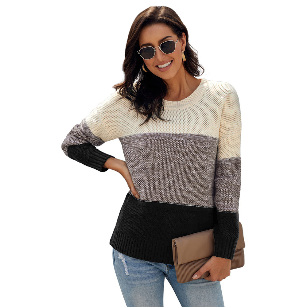 Womens Color Block Knit Sweater Round Neck Long Sleeve Cozy Fabric Winter Casual Wear Wholesale Available