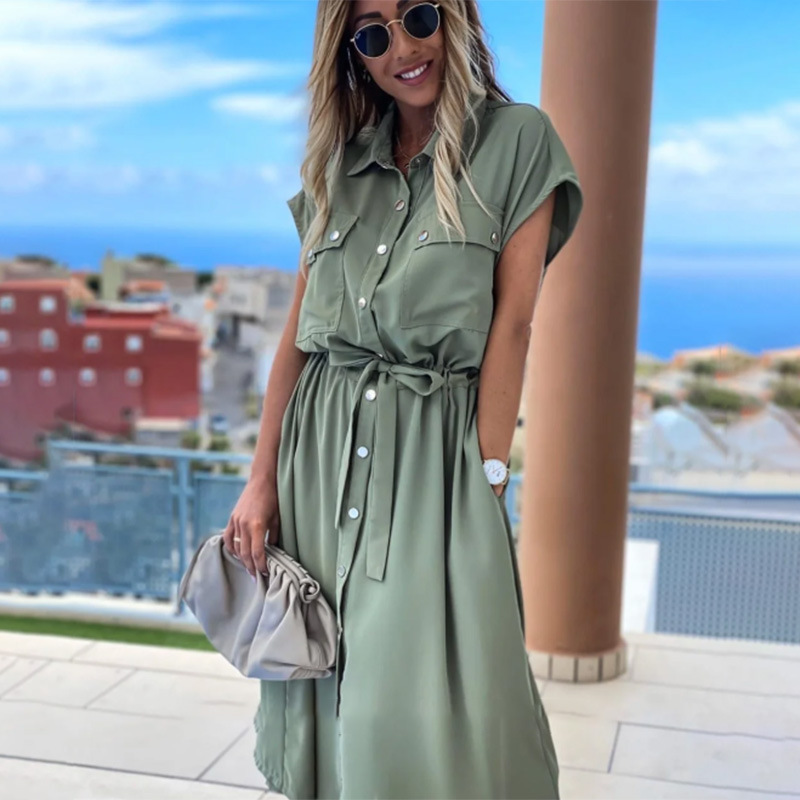 Womens Summer Dress Short Sleeve Lapel Solid Color Belted Button Down Casual or Formal Wear Wholesale Available
