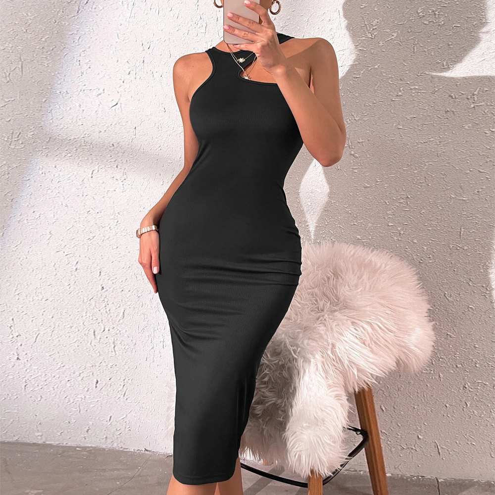 Spring Summer New Sleeveless Hollow Out Sexy High Waist Slim Hip Dress