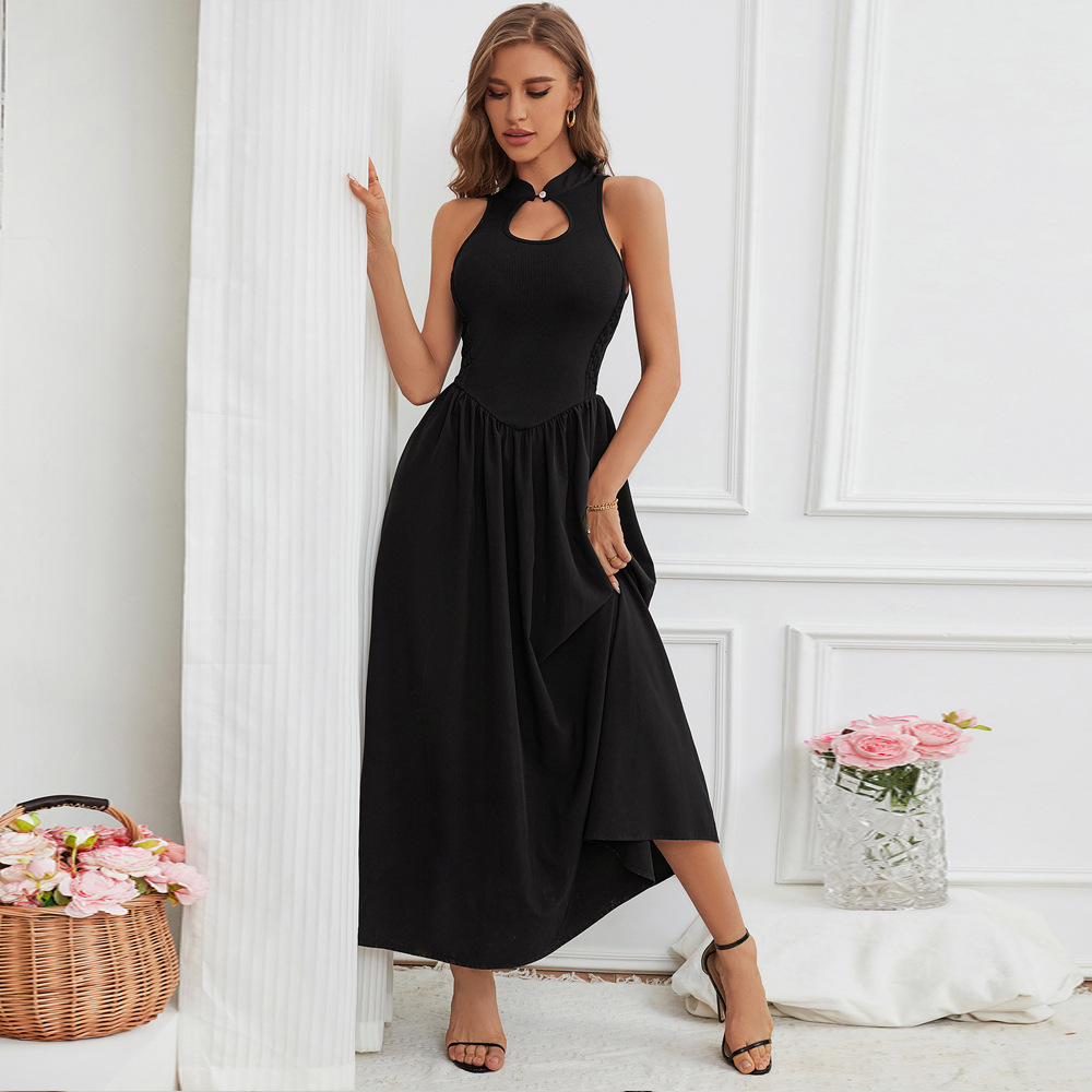 Summer New Sleeveless Half Turtleneck Chinese Style Dress with Button Closure