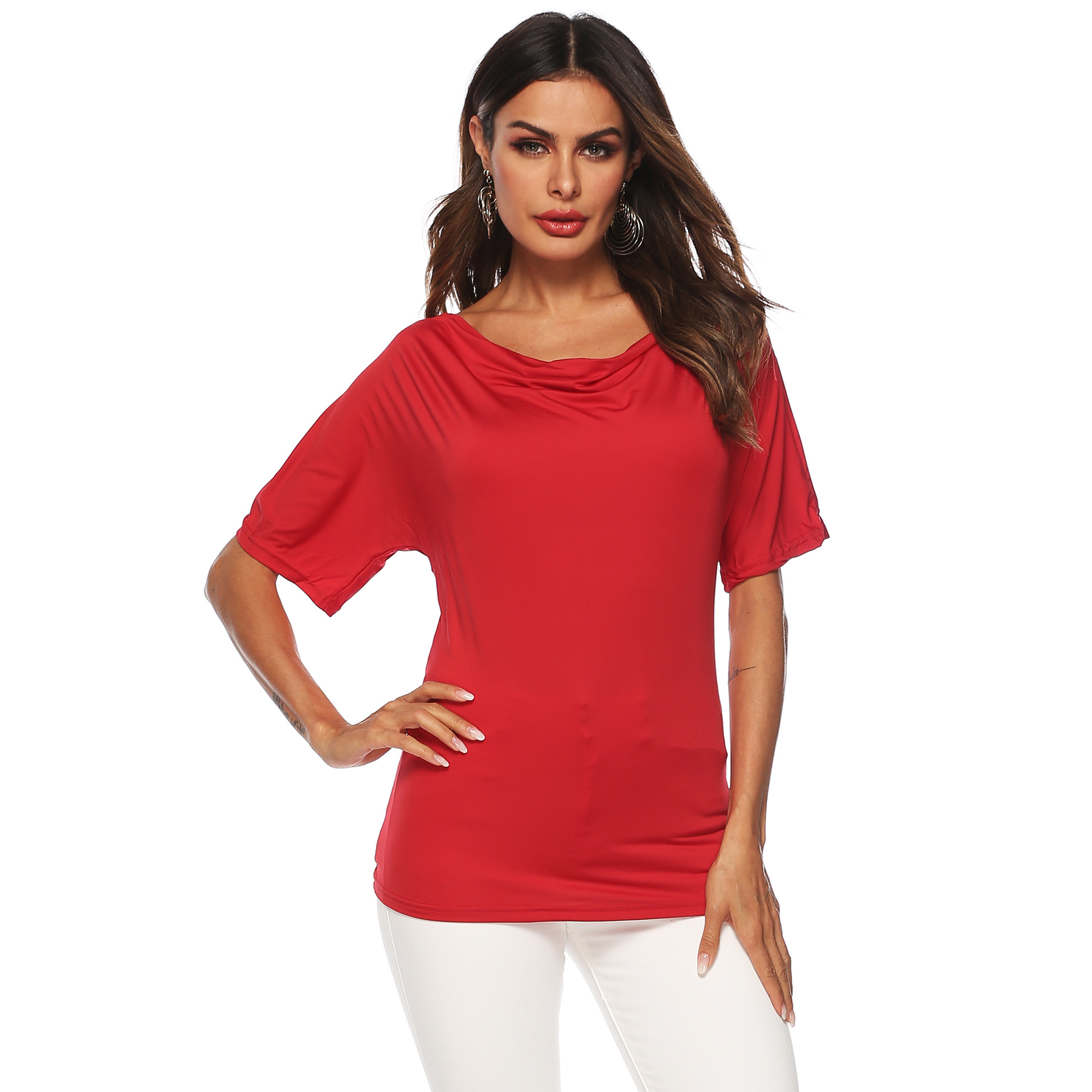 Plain Color Short Sleeve T Shirt Round Neck Off Shoulder Casual Style Perfect for Summer Wear Wholesale Available