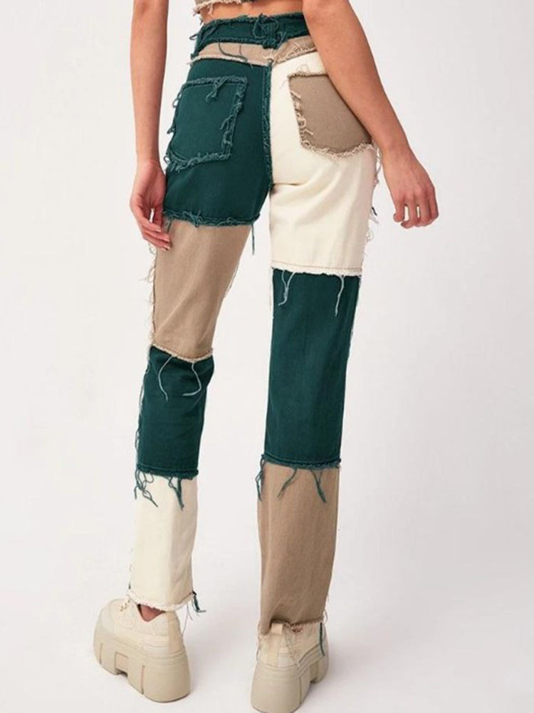 High Waisted Color Block Denim Jeans for Women Stylish Design Comfortable Fit Versatile for Casual Wear Wholesale