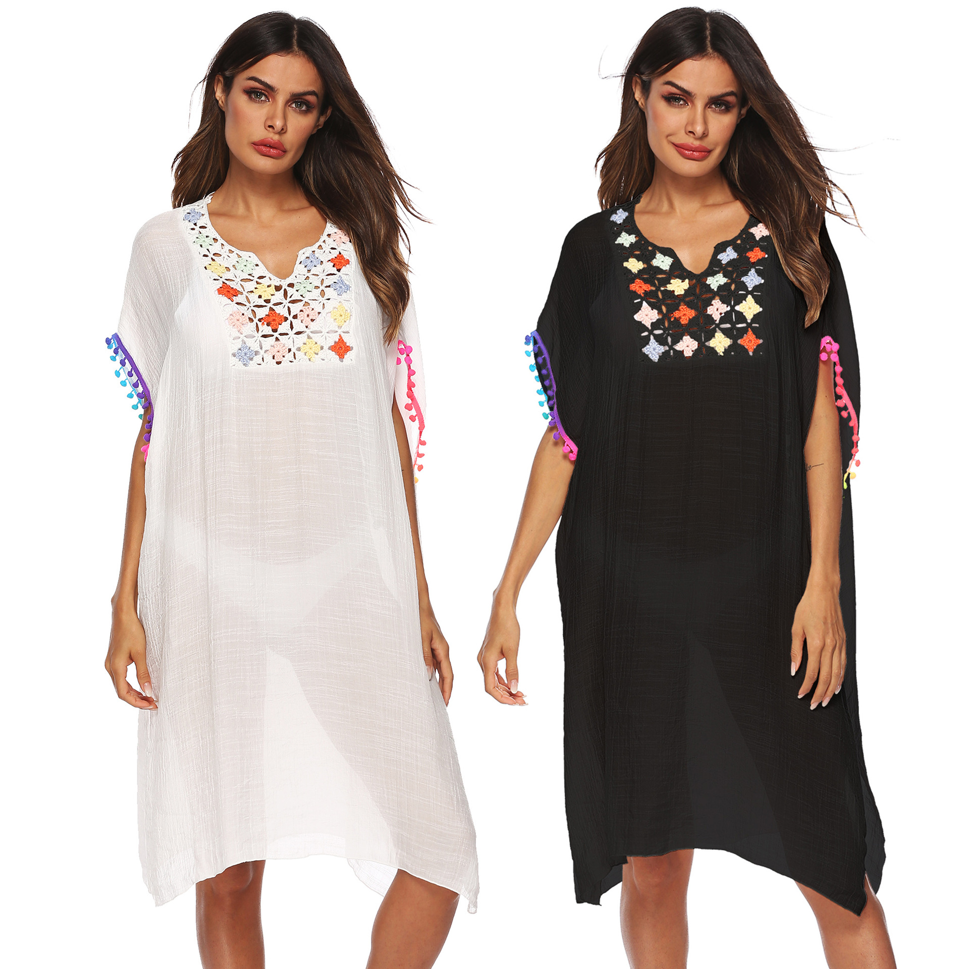 Loose Fit Crochet Lace Trim Tassel Beach Cover Up Dress Lightweight Bohemian Style Summer Wear Wholesale Available