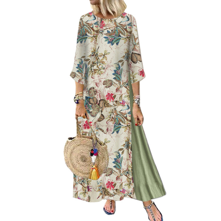 Fashionable Womens Dress 3 4 Sleeve Round Neck Cotton Linen Blend Floral Print Casual Wear Wholesale Available