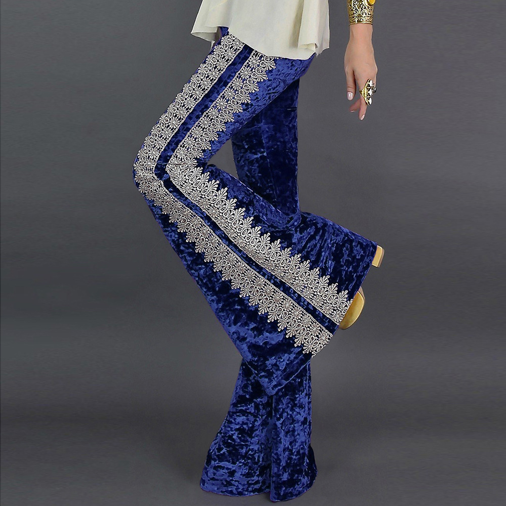 High Waisted Wide Leg Pants Velvet Fabric Crochet Lace Trim Loose Fit Casual Wear for Fall and Winter Wholesale