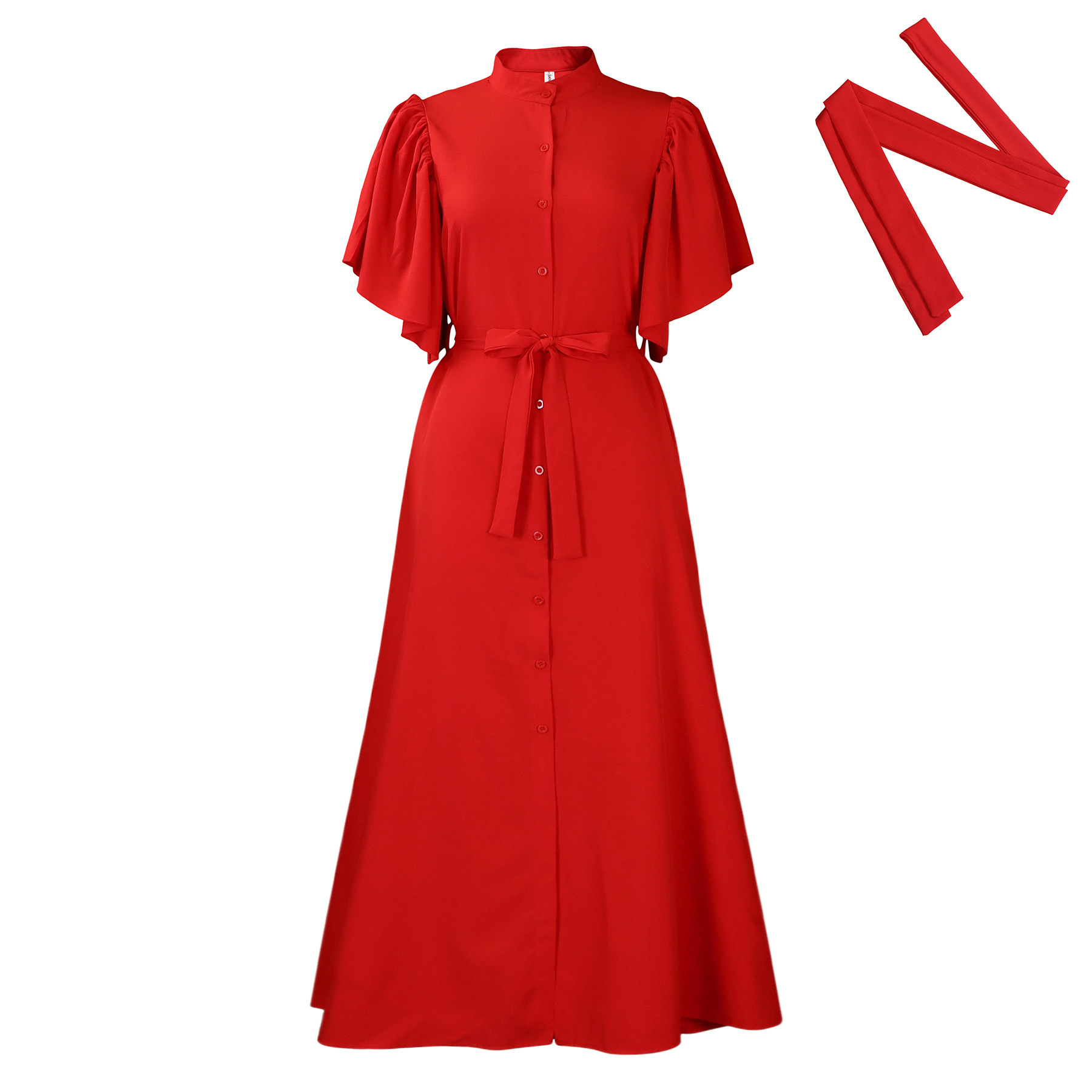 Summer Fashion Loose Long Dress with Belt, Single Breasted Design, Flared Sleeves, Casual Style for Women, Wholesale Clothing