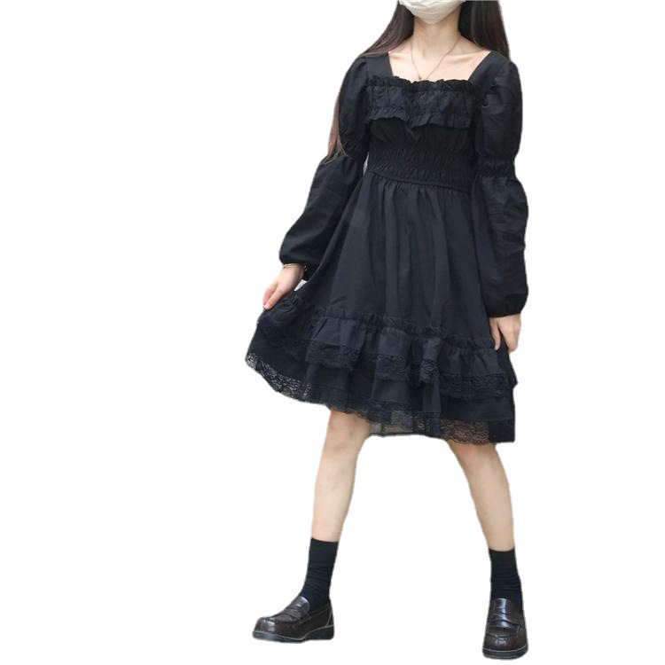 Lace Panel Puff Sleeve Little Black Dress Elegant Design Soft Luxury Autumn Fashion Available for Wholesale