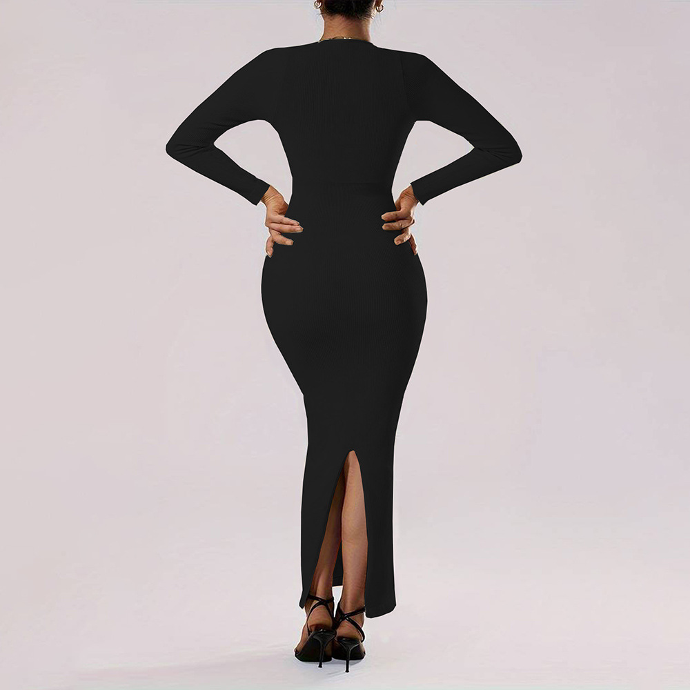 Square Neck Slim Fit Long Sleeve Knitted Bodycon Dress for Autumn and Winter