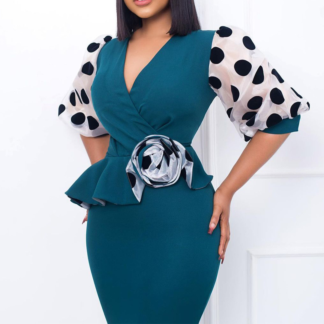 Plus Size Women's Dress — Fashionable Polka Dot, Mesh Splicing, V Neck Design — Casual or Party Wear — Wholesale Supply Availa