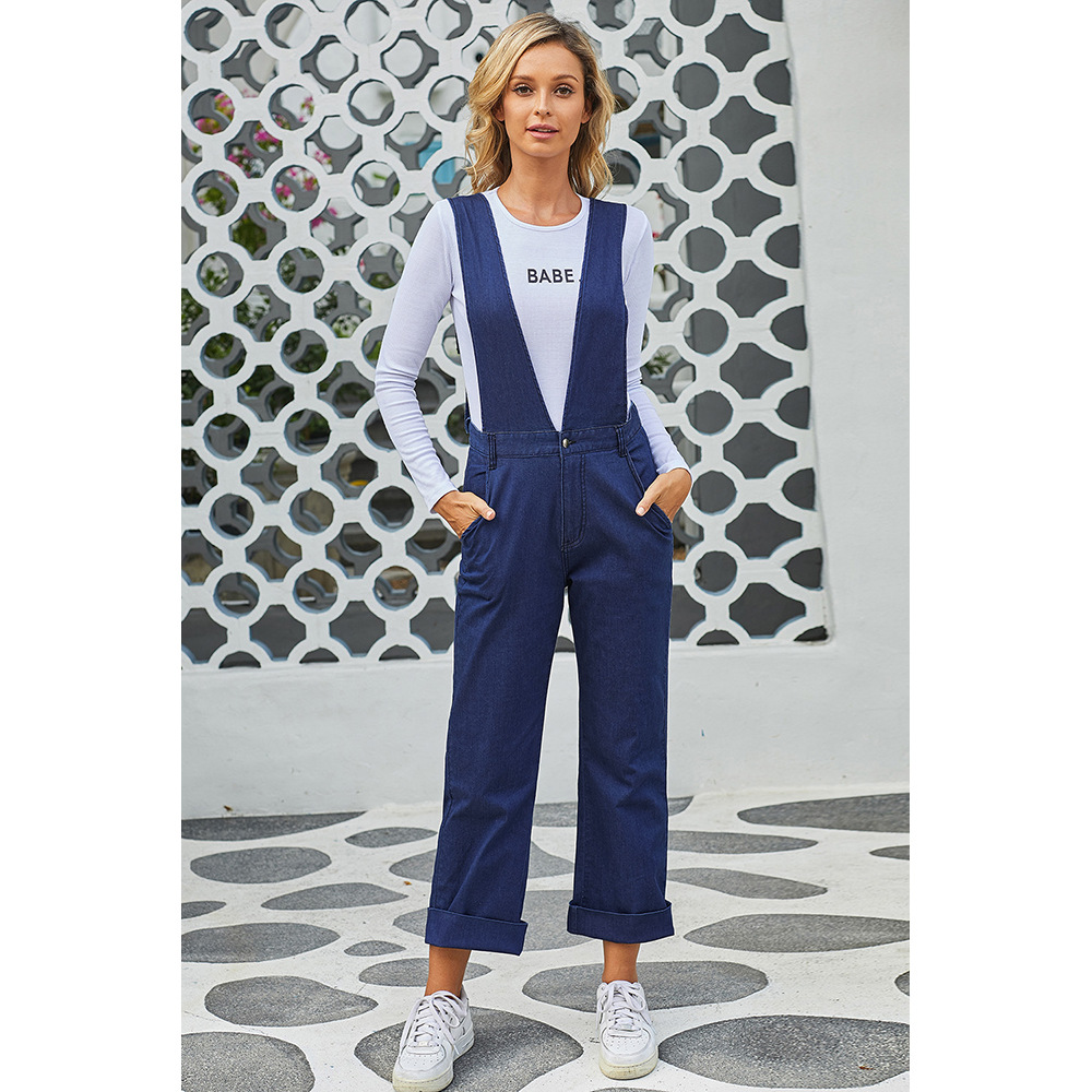 Womens Loose Fit Denim Jumpsuit Vintage Style Deep Blue 3 4 Length Wide Leg Perfect for Autumn Wholesale