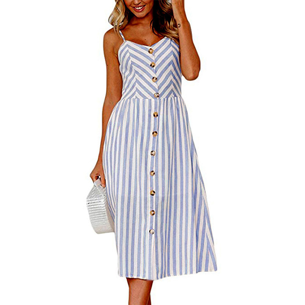 Casual Summer Dress Colorful Striped Backless Button Detail Womens Fashion for Parties or Everyday Wear Wholesale