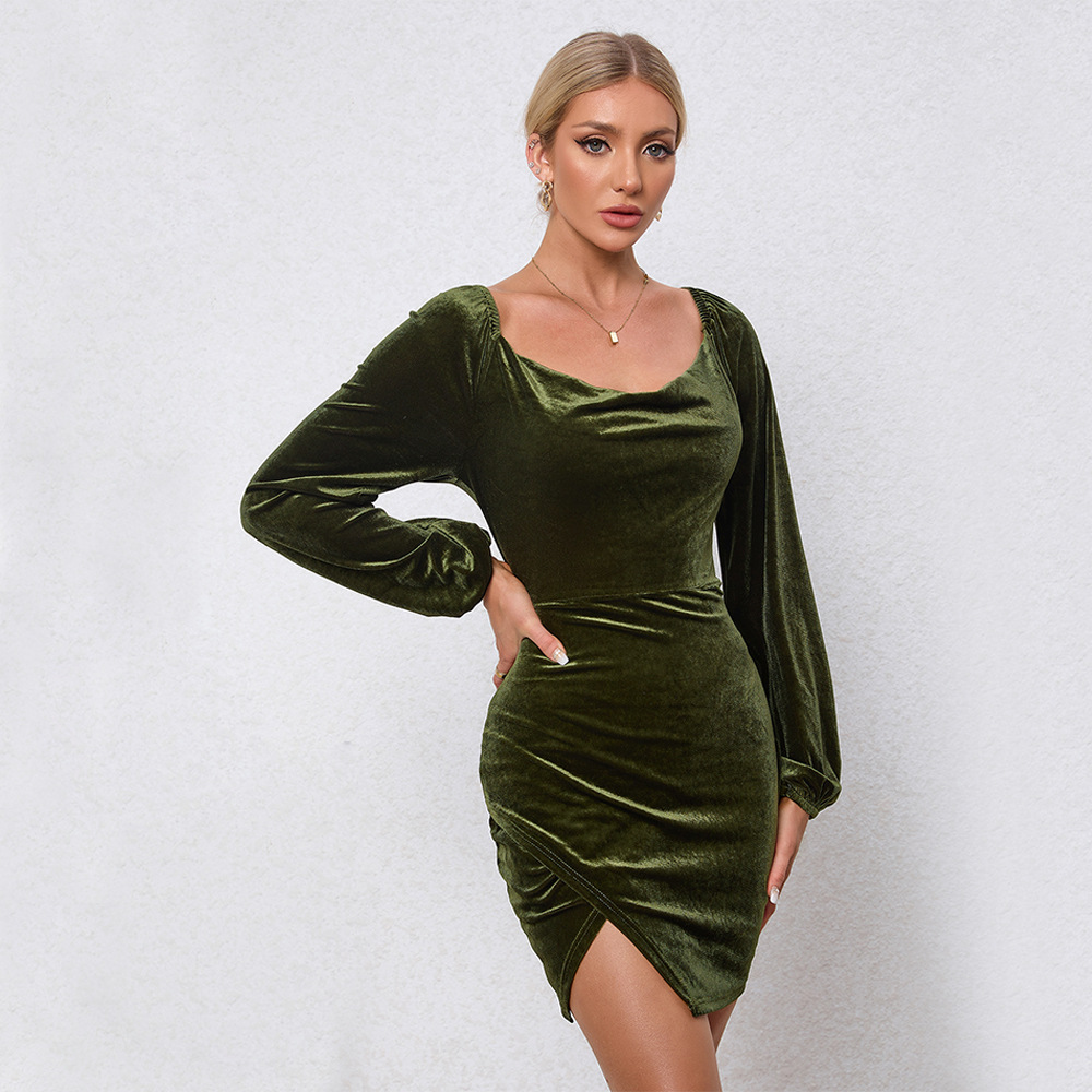 Slim Fit Split Hem Square Neck Puff Sleeve Velvet Party Dress for Autumn and Winter