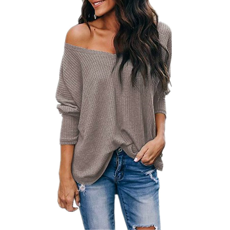 V Neck Off Shoulder Loose Long Sleeve T Shirt Autumn Style Comfortable Fabric Versatile Wear Wholesale Available