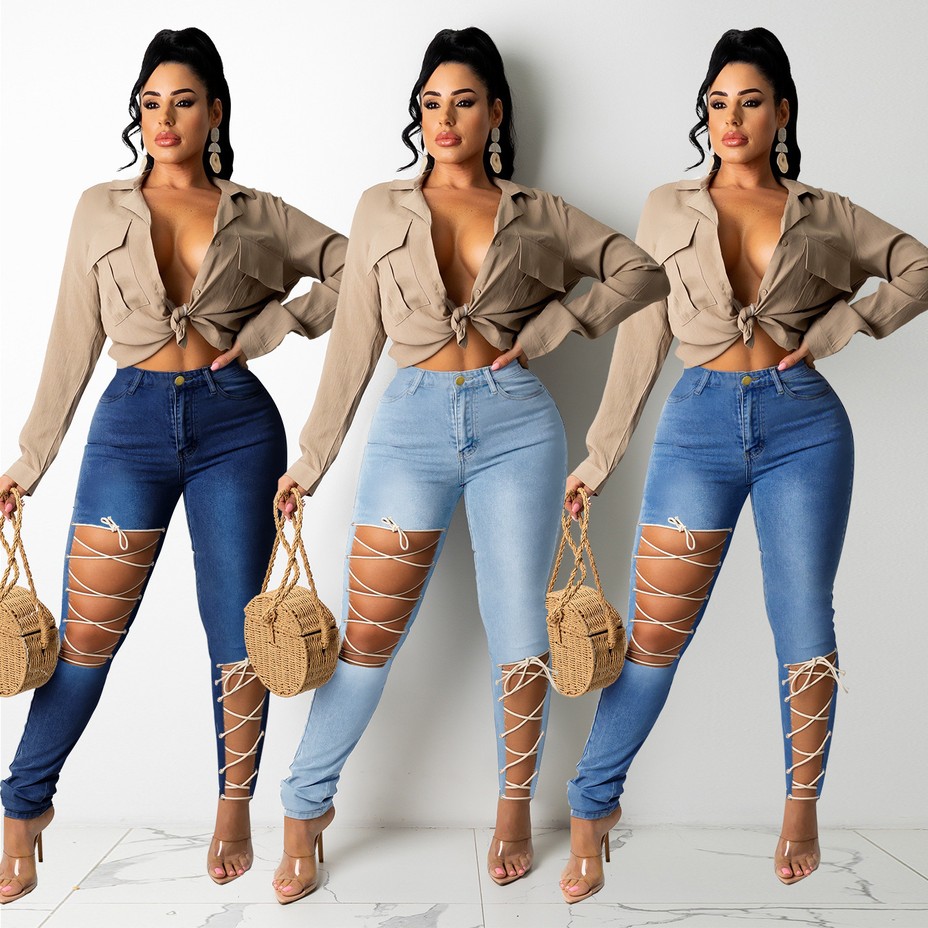 Fashionable Womens Denim Pants Creative Tie Design High Waist Casual Style Perfect for Autumn and Winter Wholesale