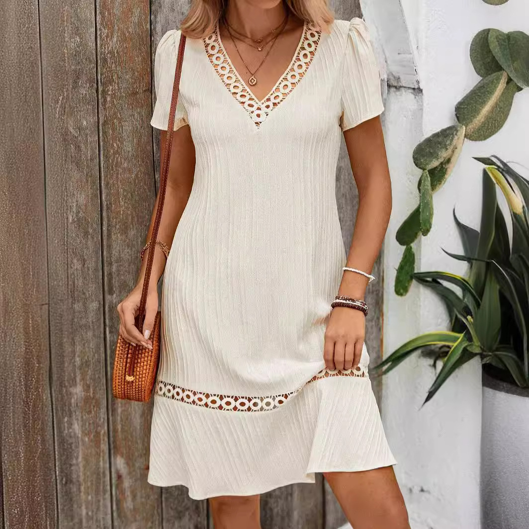 Lace Trim V Neck Loose Fit Dress Summer Style Casual Wear for Women Available for Wholesale custom packaging