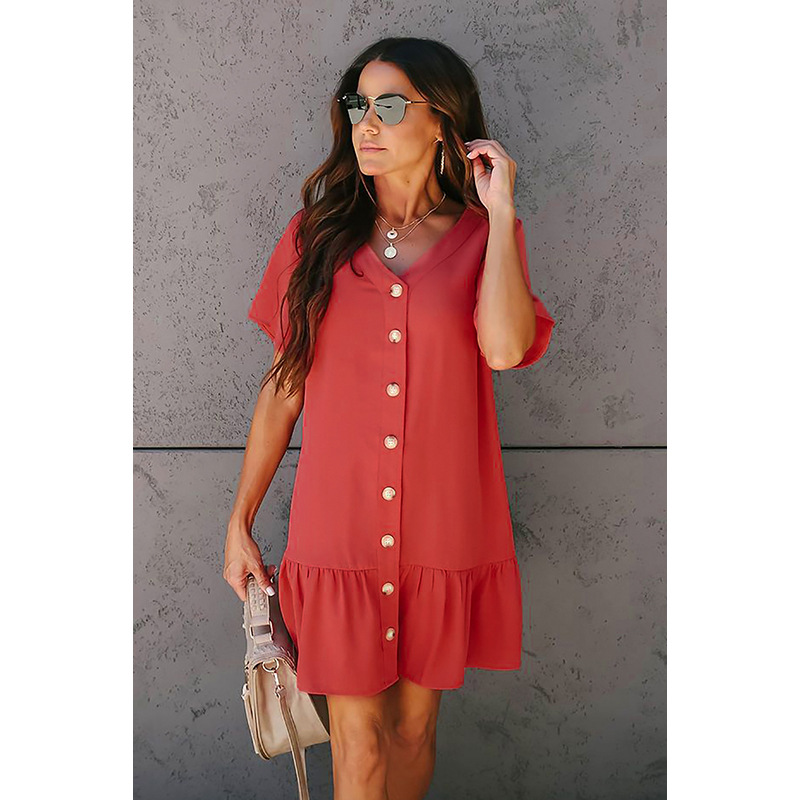 Ruffled Hem Short Skirt V Neck Button Down Short Sleeve Knee Length Casual Summer Dress Wholesale Available