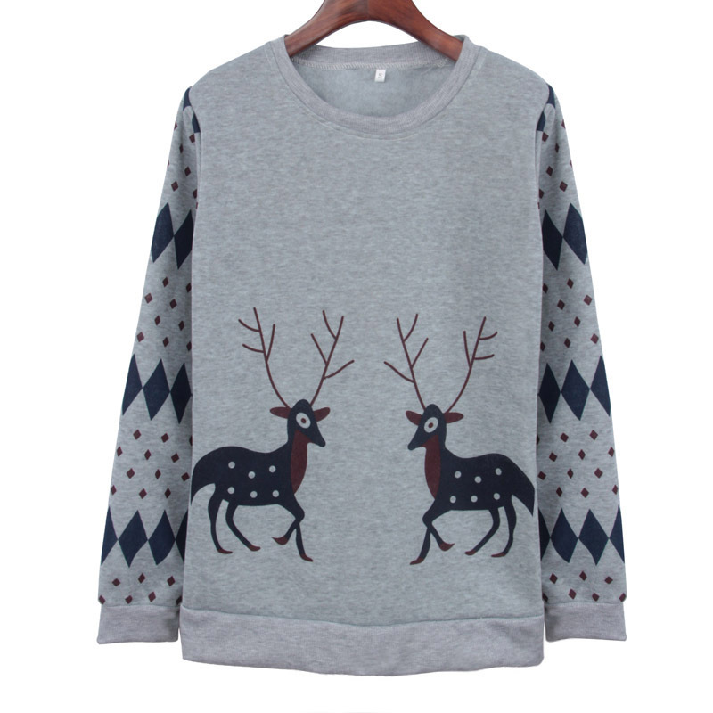 Womens Fleece Lined Sports Set Deer Print Round Neck Long Sleeve Sweatshirt Casual Pants Autumn Winter Wear