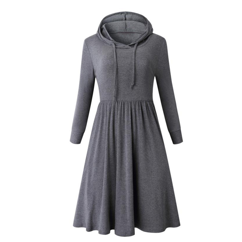 Hooded Long Sleeve Dress Solid Color Flared Hem Casual Style Perfect for Winter Wear Ready to Ship