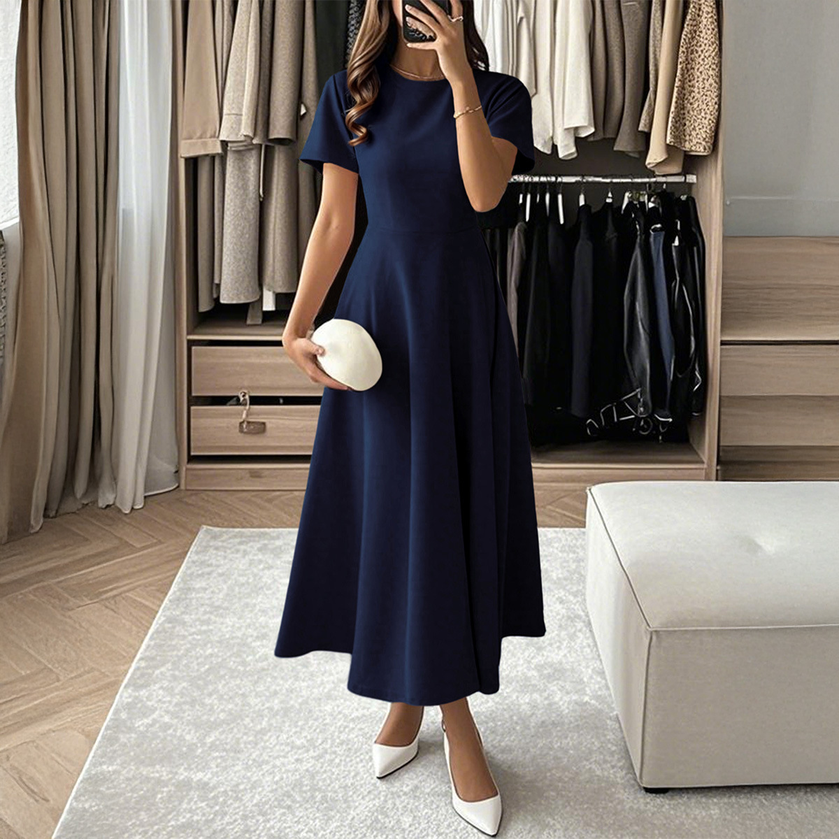 Elegant Short Sleeve Long Dress Evening Gown for Women Autumn Winter