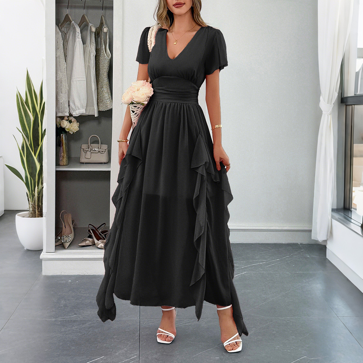 Casual Vacation Style Short Sleeve Waist Tied Long Dress for Women Spring Summer