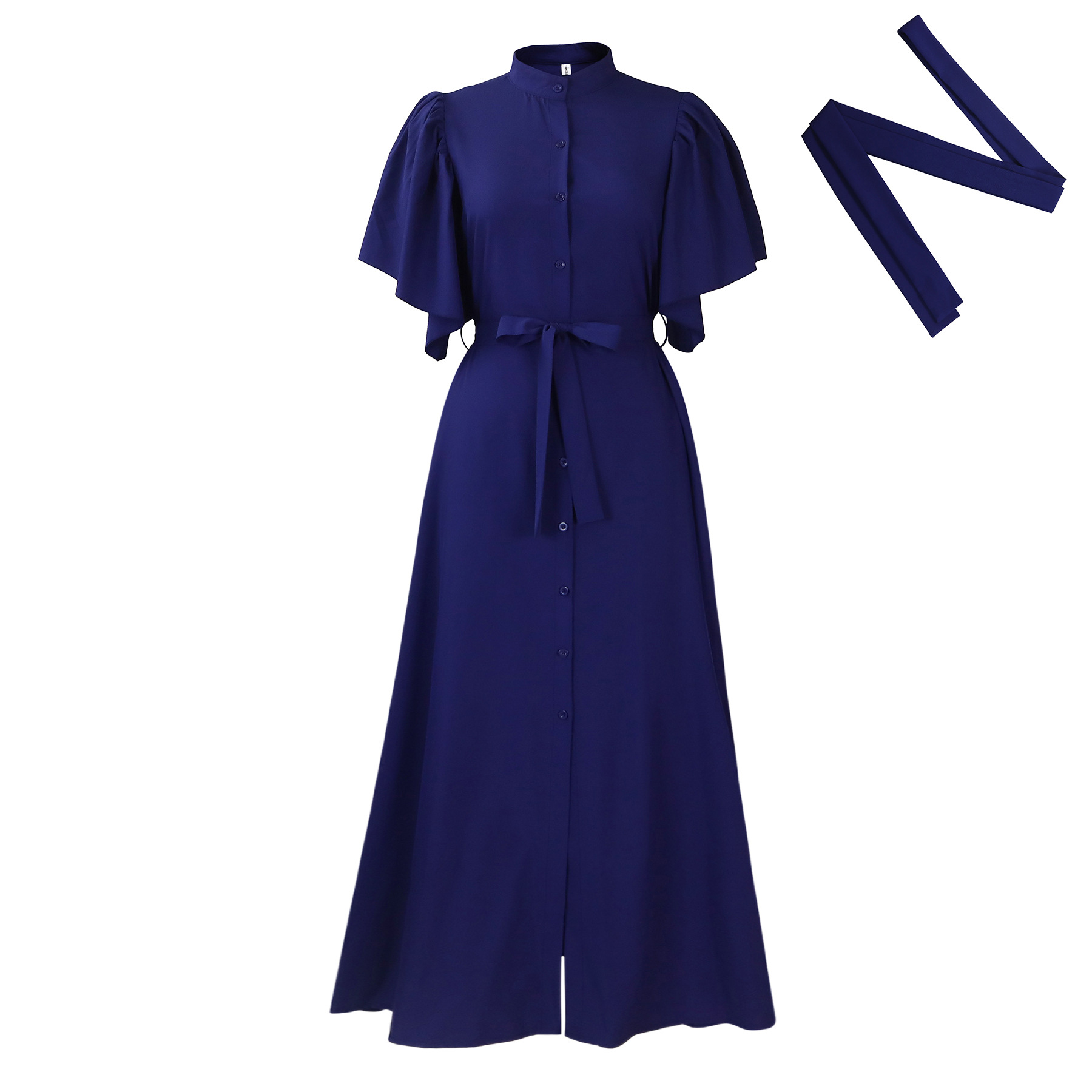 Summer Fashion Loose Long Dress with Belt, Single Breasted Design, Flared Sleeves, Casual Style for Women, Wholesale Clothing