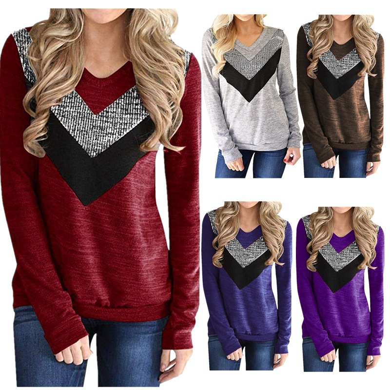 Womens Autumn Winter Long Sleeve T Shirt Sequin Patchwork Comfortable Fabric Stylish Design Casual Wear Wholesale