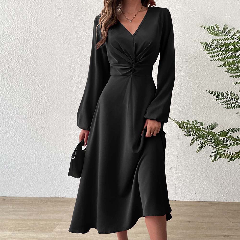 French Style V Neck Midi Dress Elegant A Line Silhouette High Waist Autumn Winter Fashion Wholesale Available
