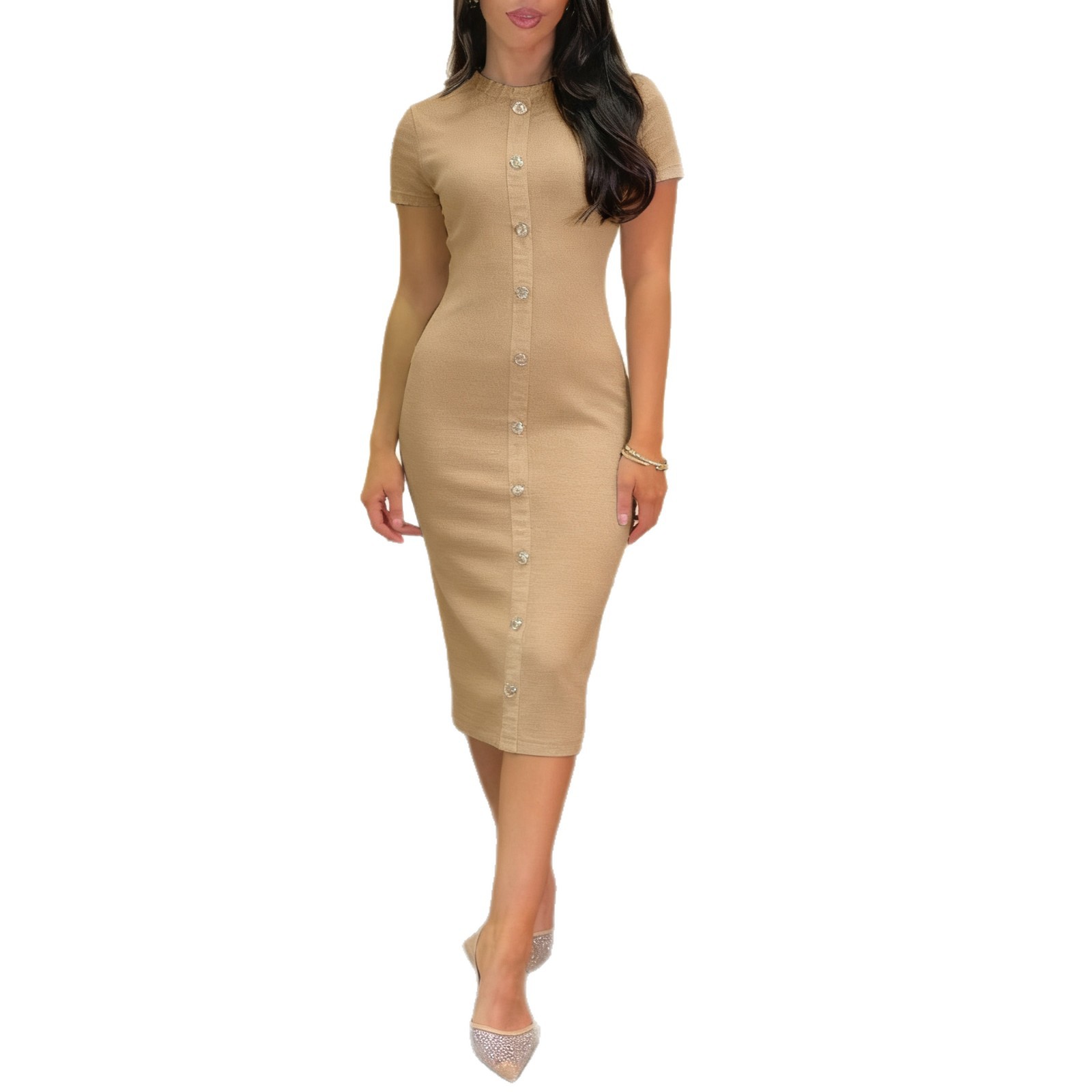 Elegant Button Short Sleeve Bodycon Dress for Women Autumn Winter