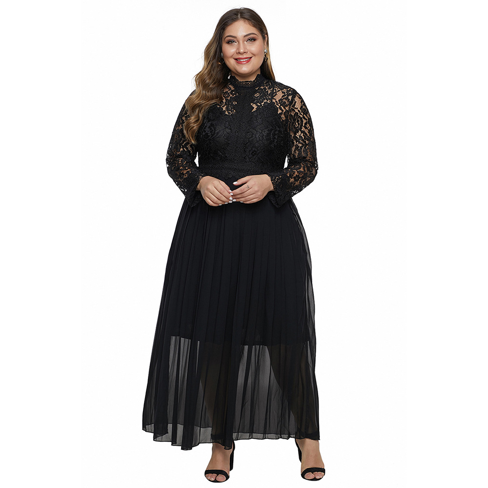 Plus Size High Neck Lace Hollow Out Long Sleeve Dress Elegant Design High Waist Perfect for Spring and Autumn