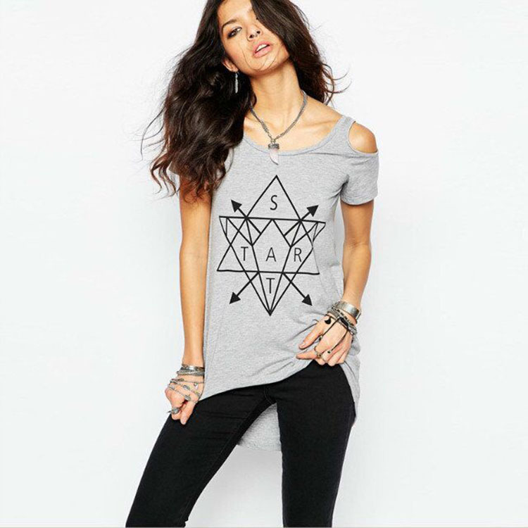 Geometric Print Off Shoulder T Shirt Short Sleeve Mid Length Stylish Design Casual Wear for Women Wholesale