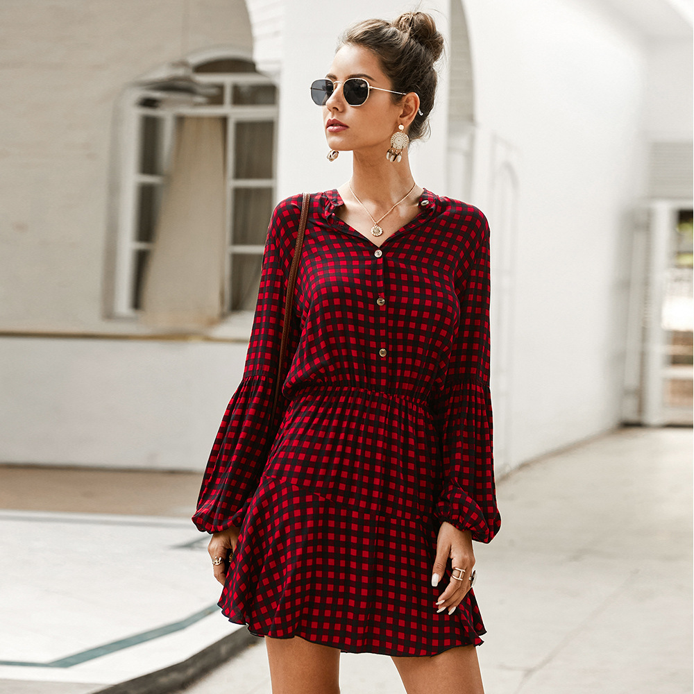 Designer Checkered Midi Dress Elegant Long Sleeve Spring Summer Style Perfect for Office Wear Wholesale Available