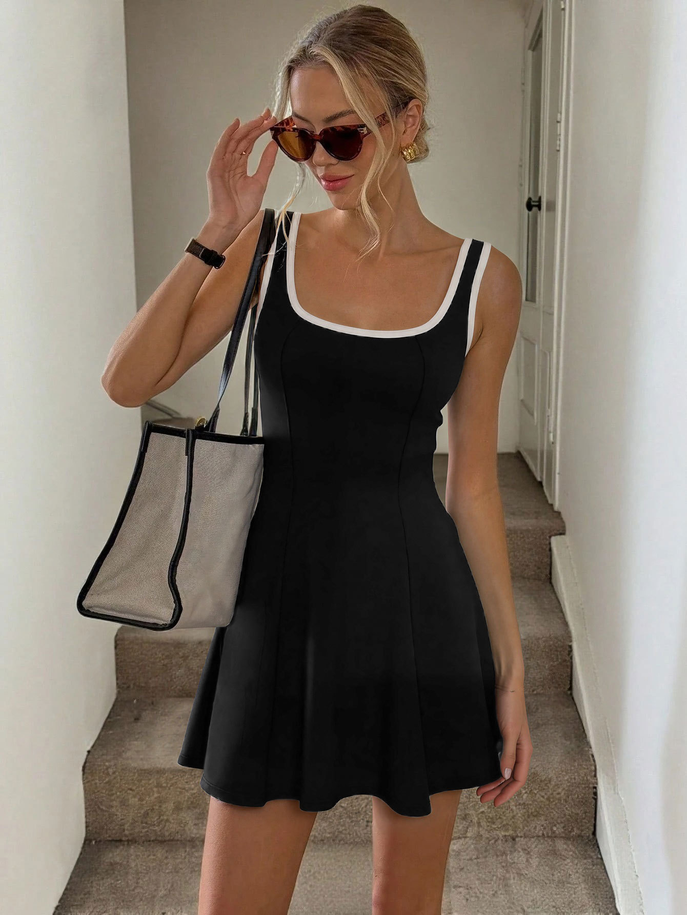New Summer Sports Style U Neck Sleeveless Color Block Slim Fit A Line Short Tennis Dress