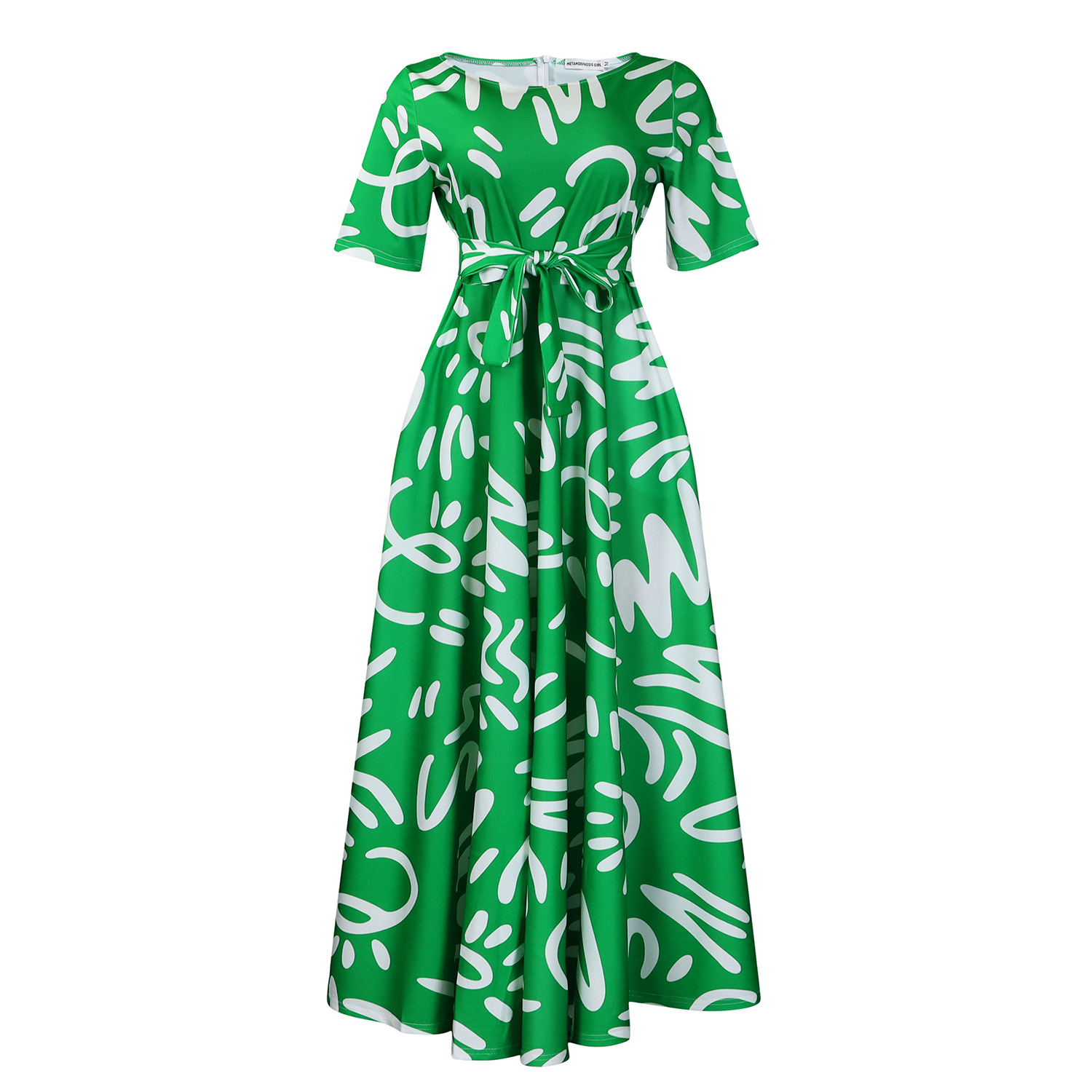 Fashionable Women's Short Sleeve Dress with African Print, Elegant Tie Design, Flared Hem, Ideal for Cross Border Trade