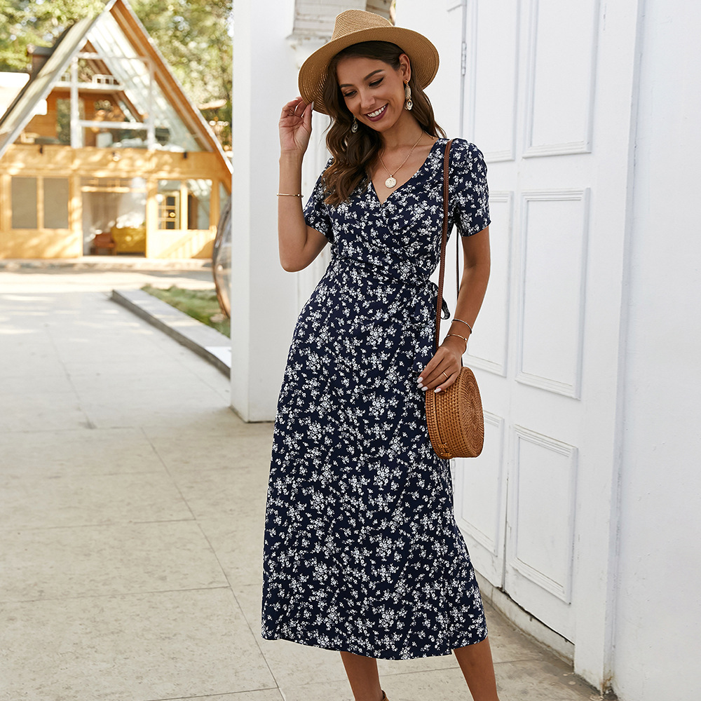 Floral Print Short Sleeve Dress Slim Fit Lightweight Fabric Spring Summer Style Wholesale Available