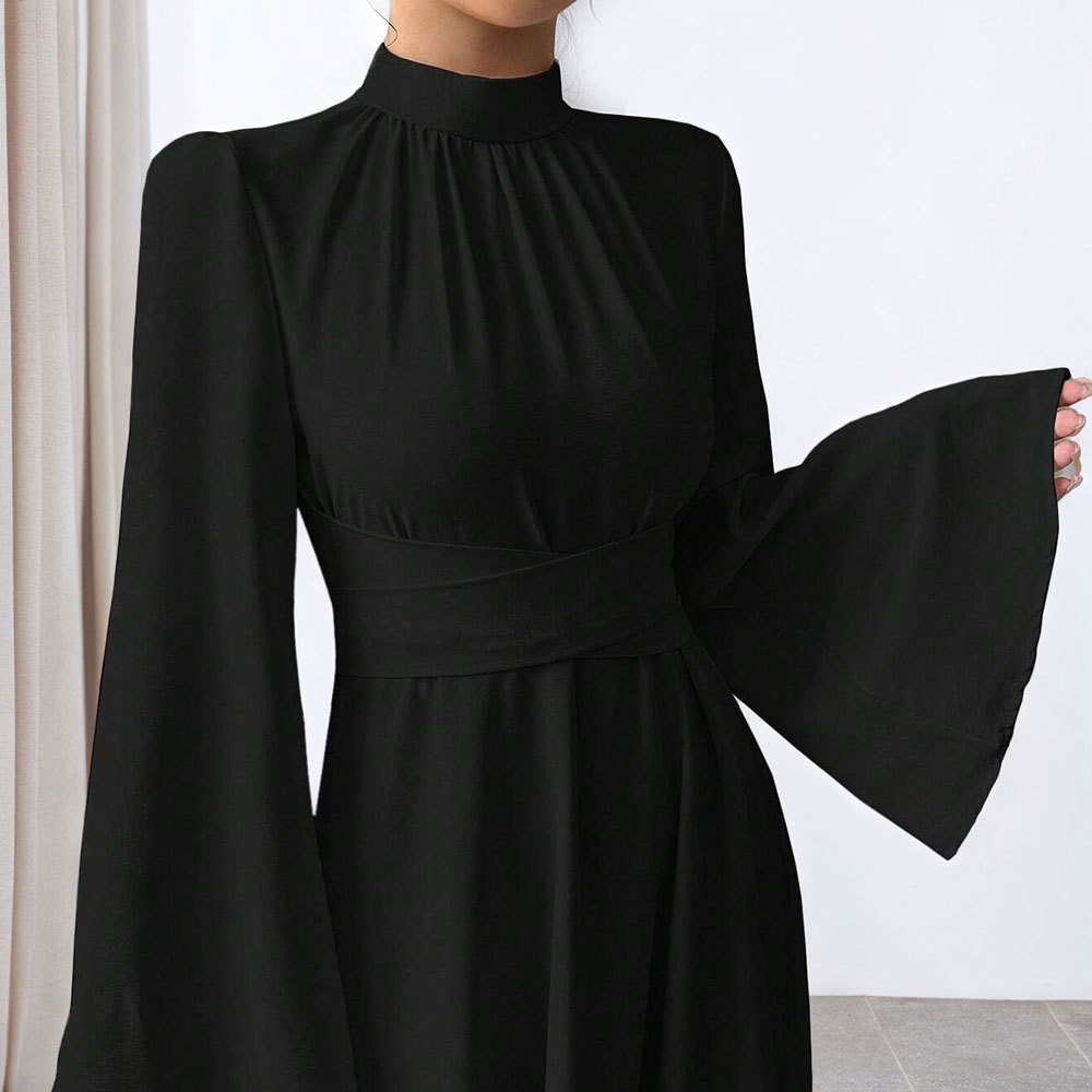 New Black Stand Collar Waist Collecting Long Dress for Women Autumn Winter Long Sleeve Retro Flared Sleeve Solid Color Dress