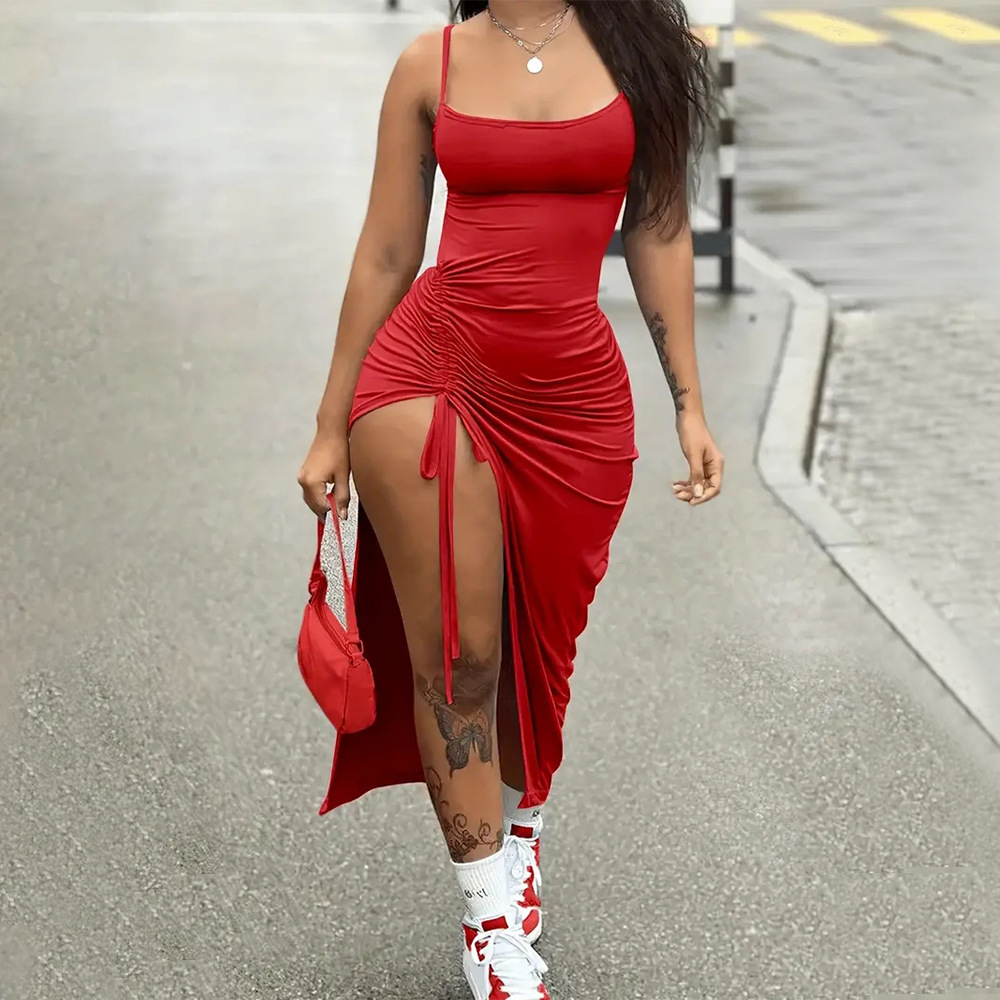 Sexy Ruched Drawstring Midi Dress with Side Slits Elegant Design Adjustable Fit Perfect for Parties Wholesale