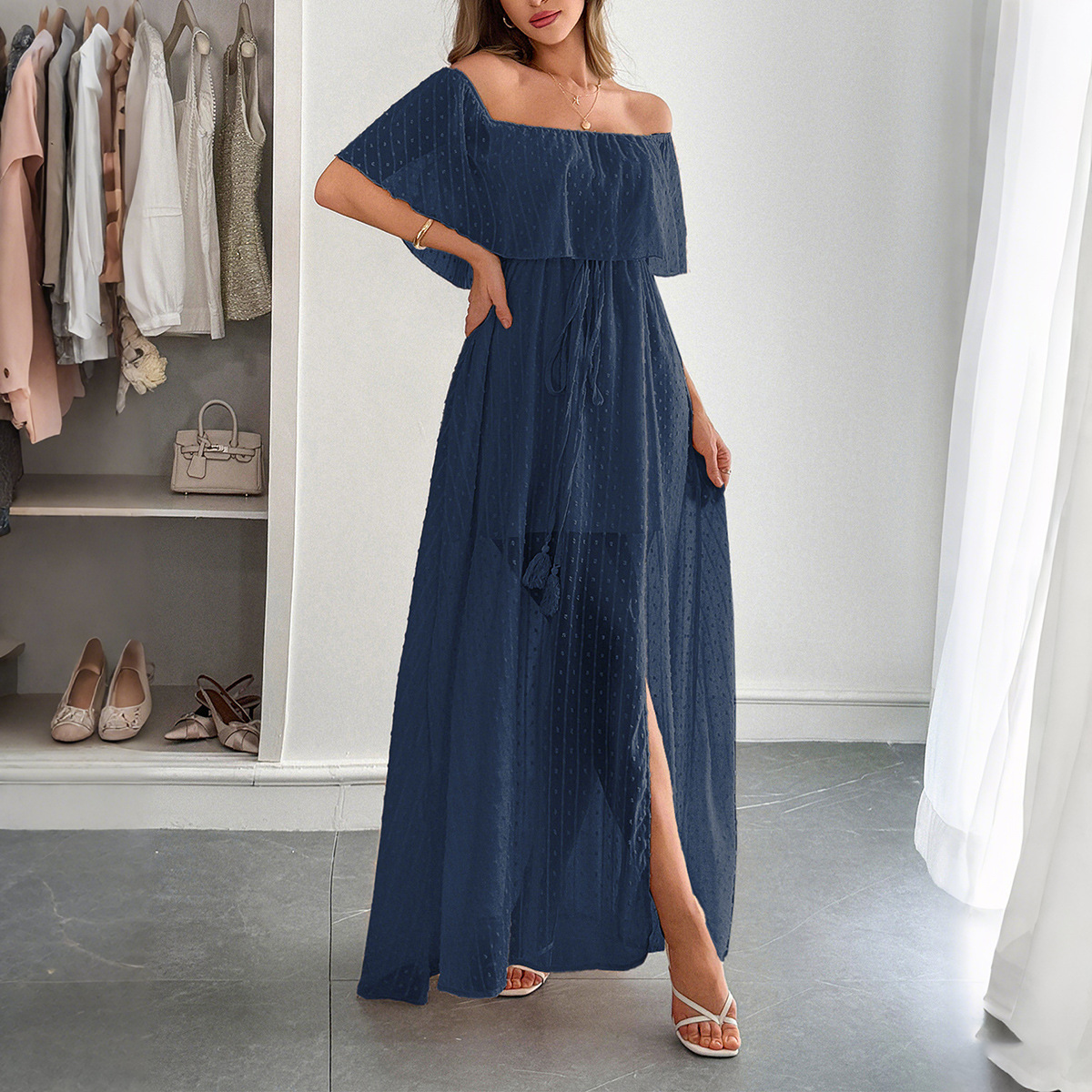 Elegant Strapless Waist Defined Short Sleeve Long Dress for Women Summer
