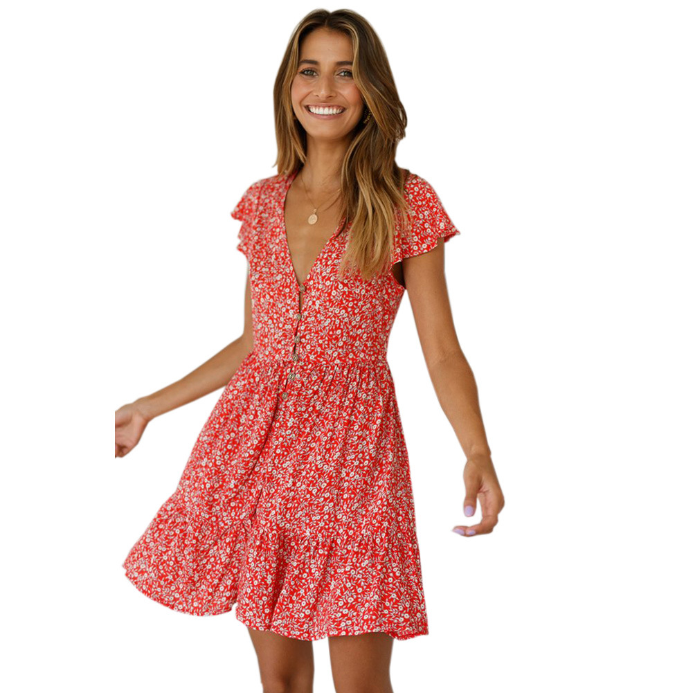 Summer Womens V Neck Button Short Sleeve Dress Unique Print Loose A Line Silhouette Casual Wear Wholesale Available
