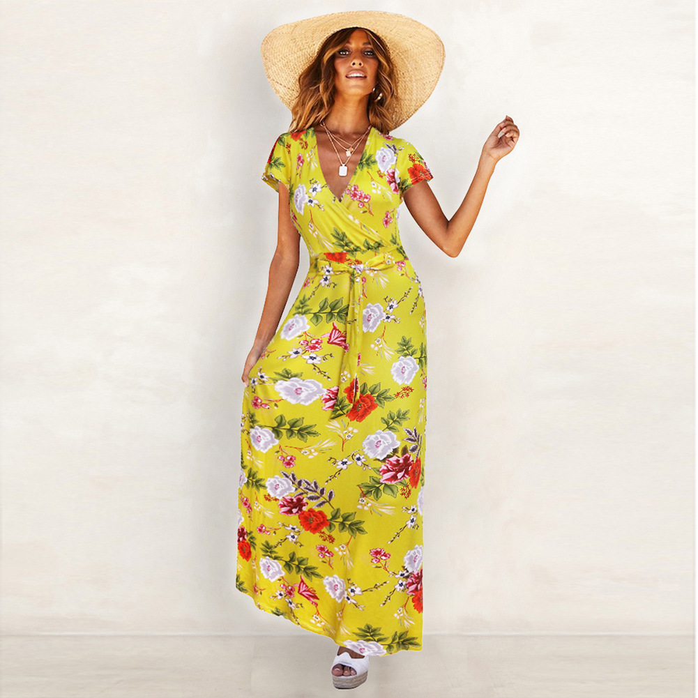 Bohemian Floral Maxi Dress V Neck Tie Detail Summer Style Perfect for Beachwear or Casual Outings Wholesale