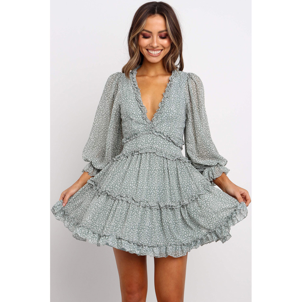 Backless V Neck Long Sleeve Dress Puff Sleeves Waist Cinching Spring Fall Style Wholesale Available
