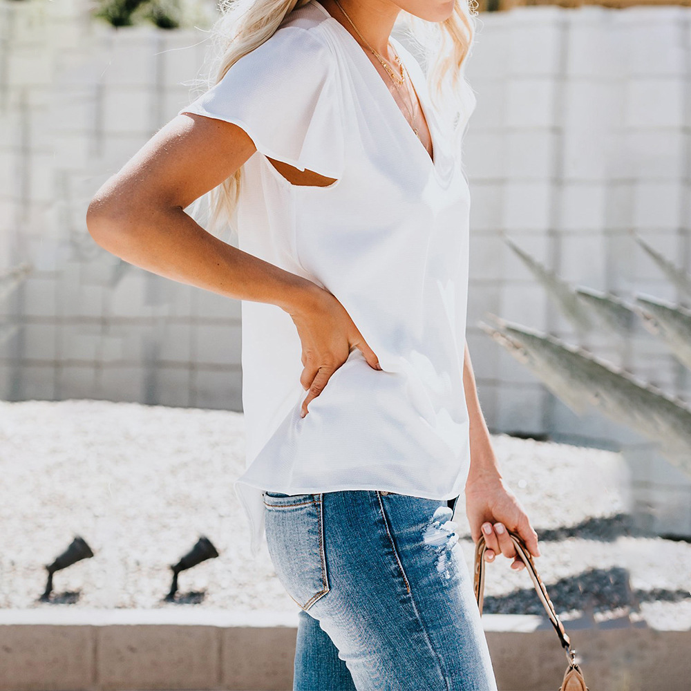 Womens Casual Summer T Shirt Ruffled Sleeve Round Neck Slim Fit Perfect for Everyday Wear Wholesale Available