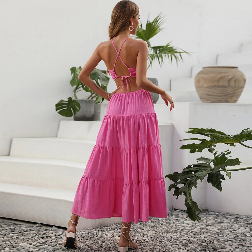Sexy Halter Neck High Waist Hollow Out Solid Color Cake Long Dress for Summer