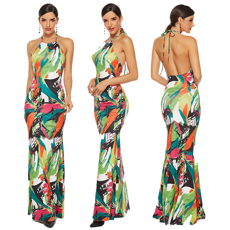 Colorful Printed Backless Maxi Dress Elegant Design Lace Up Detail Perfect for Parties and Formal Events Wholesale